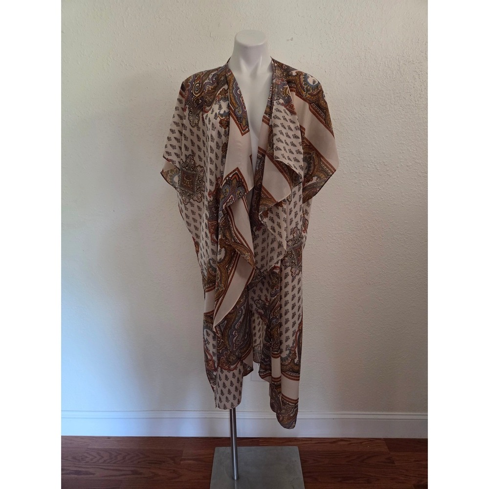 Umgee Womens Paisley Print Kimono Wrap Open Front Draped Boho Cream Multi OS